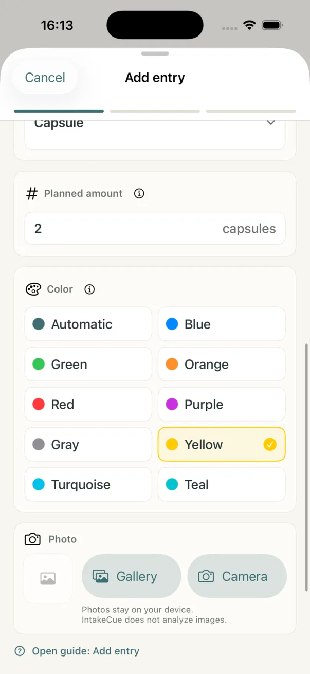 Add Entry section with planned amount, color picker and local gallery or camera buttons