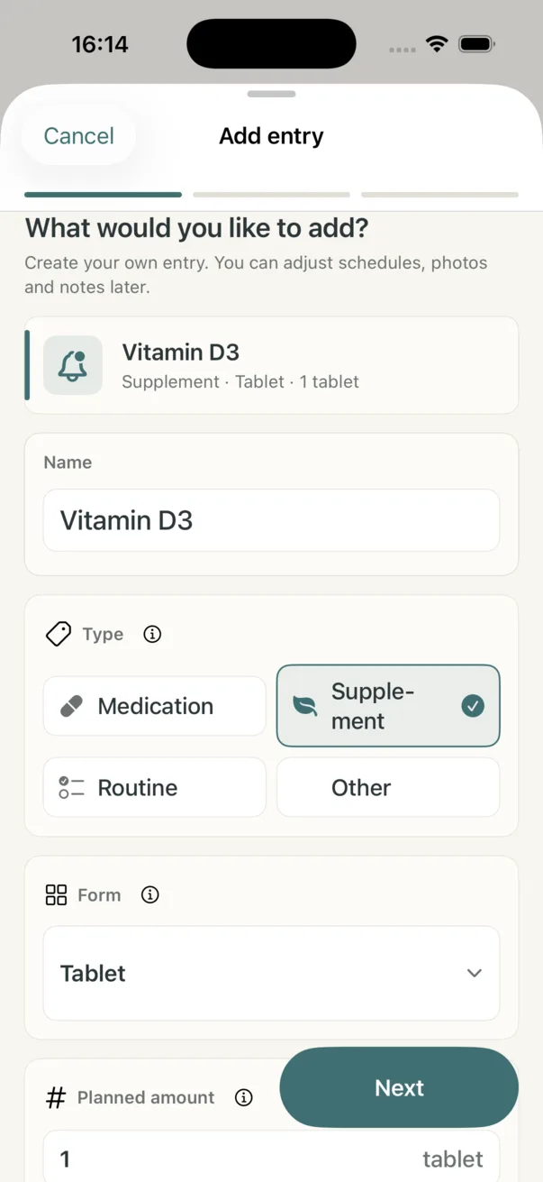 Add Entry step for Vitamin D3 with name, Supplement type, Tablet form and Next button