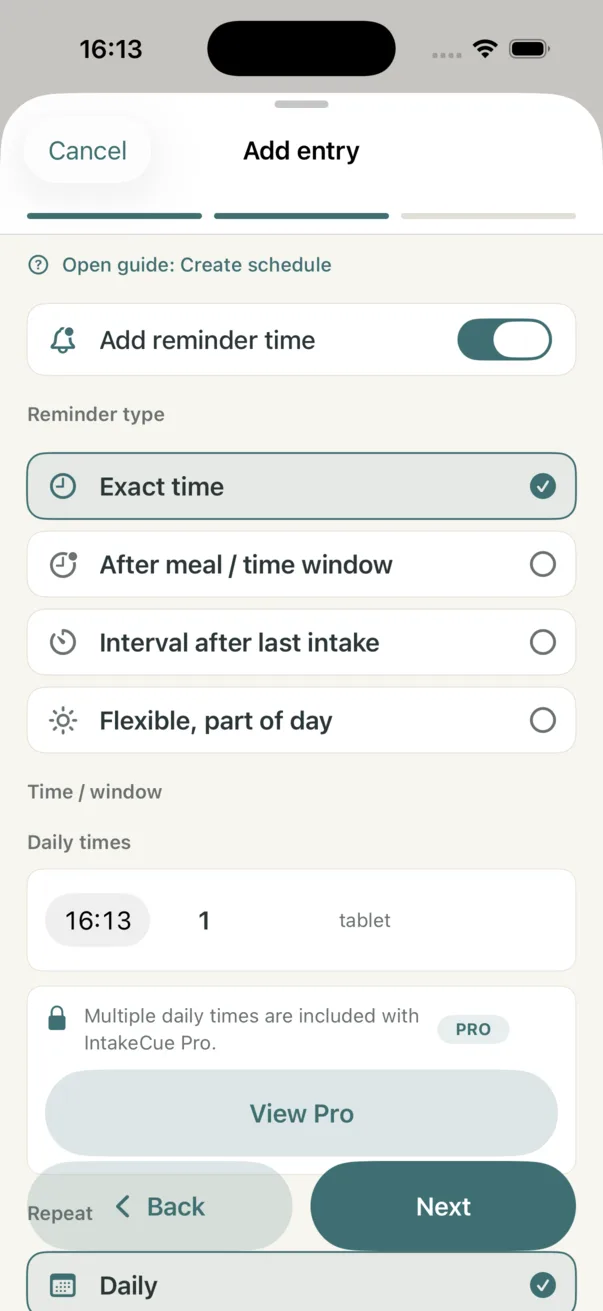 Add Entry schedule step with exact time, daily repeat and Pro note for multiple daily times