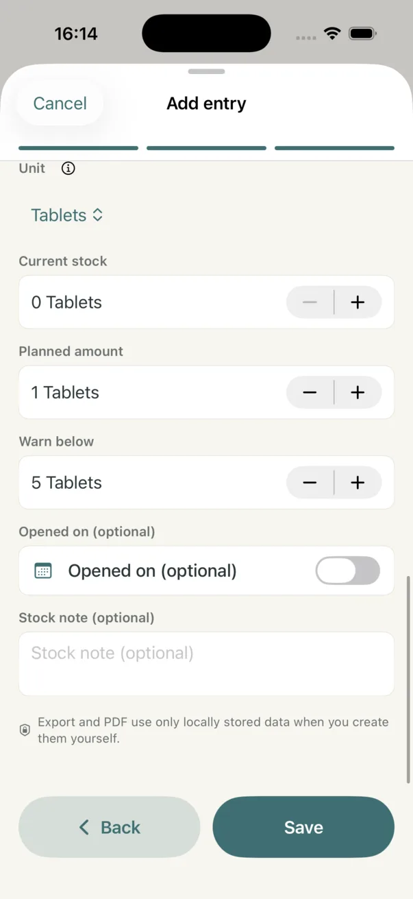 Stock settings with current count, planned amount, warning threshold and optional opened date