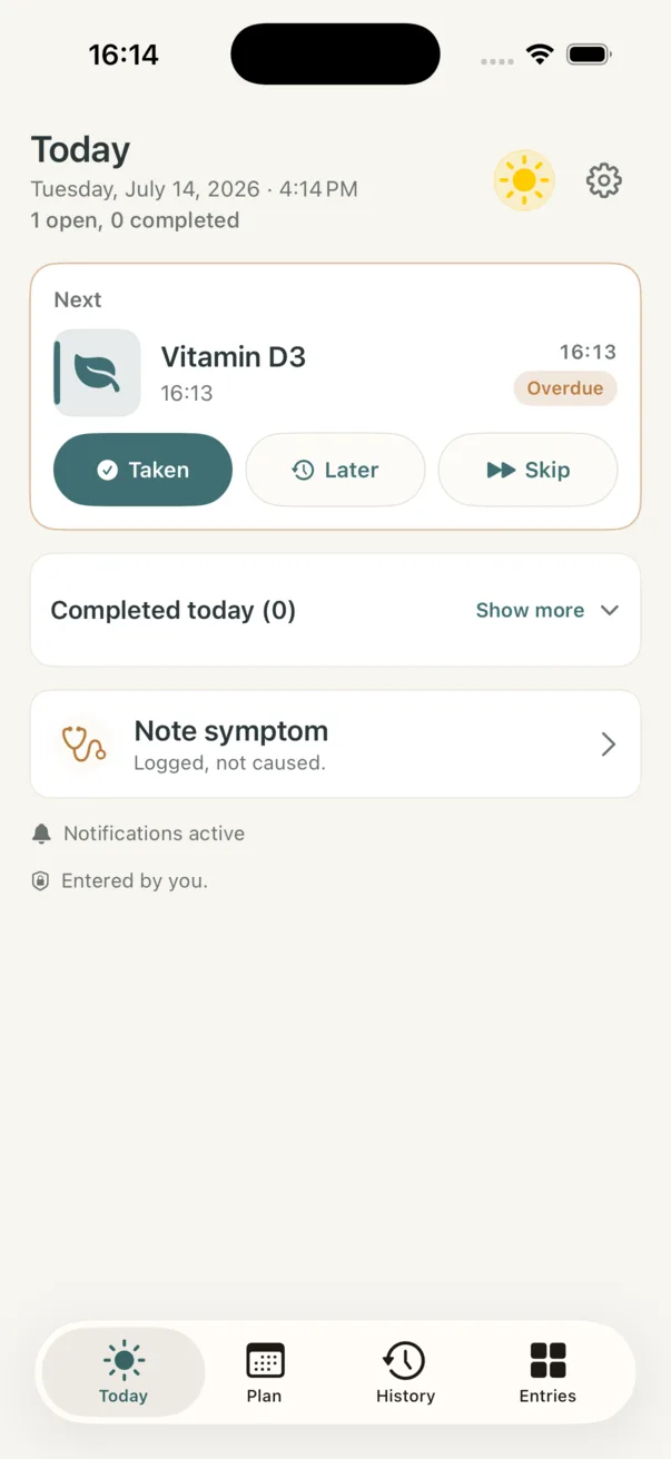 Today overview with Vitamin D3, local Taken, Later and Skip actions, and active notification status